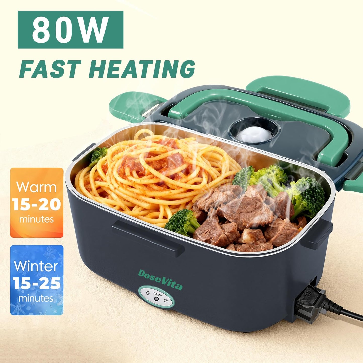 Dosevita Electric Lunch Box for Adults, 80W Heated Lunch Box 1.5L 304 Stainless Steel Portable Food Warmer,12/24/110V Lonchera Eléctrica Portátil for Car, Truck, Work, Travel (Green1)
