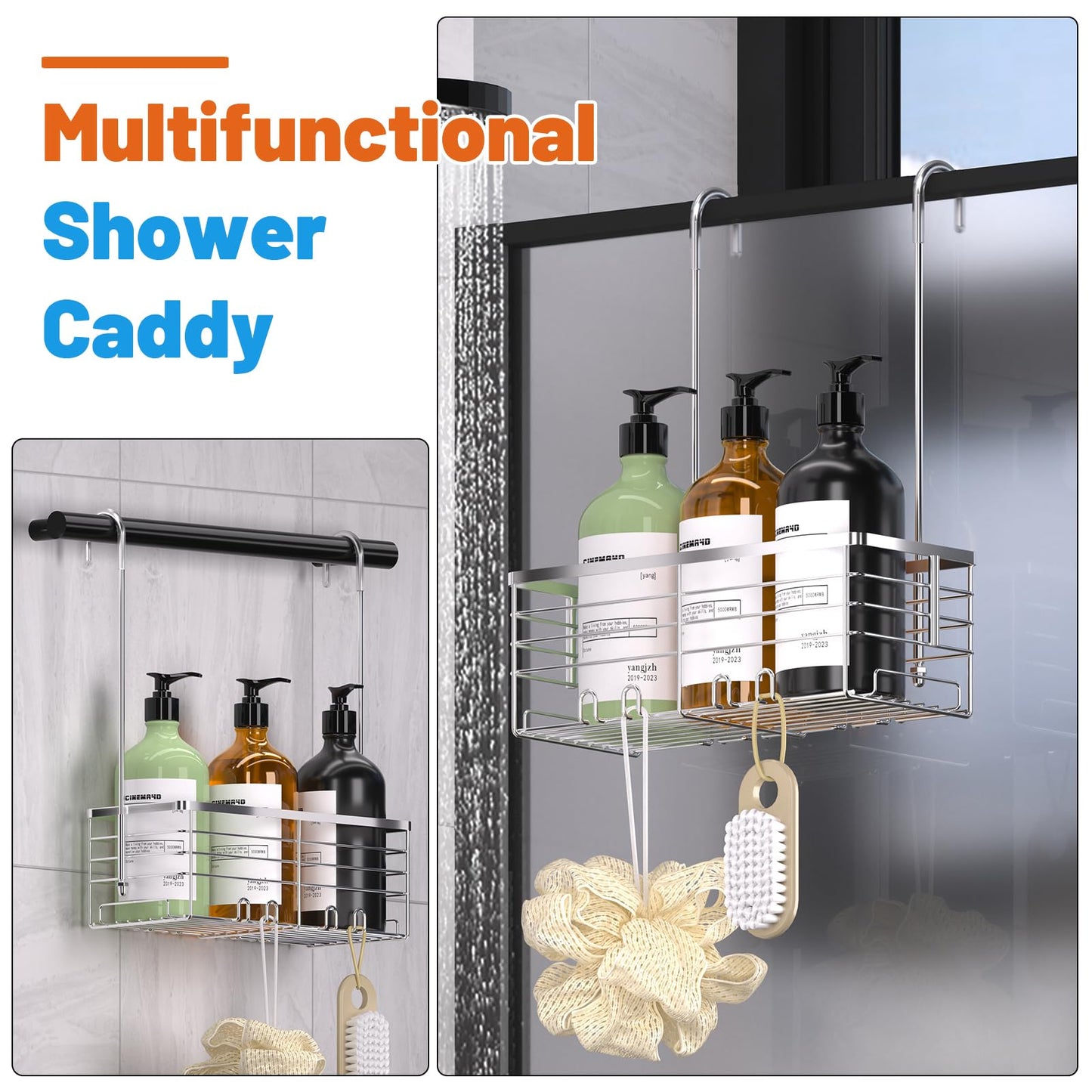 Shower Caddy Hanging, YUOROS Over the Door Shower Organizer Rack 304 Stainless Steel Rustproof (Silver)
