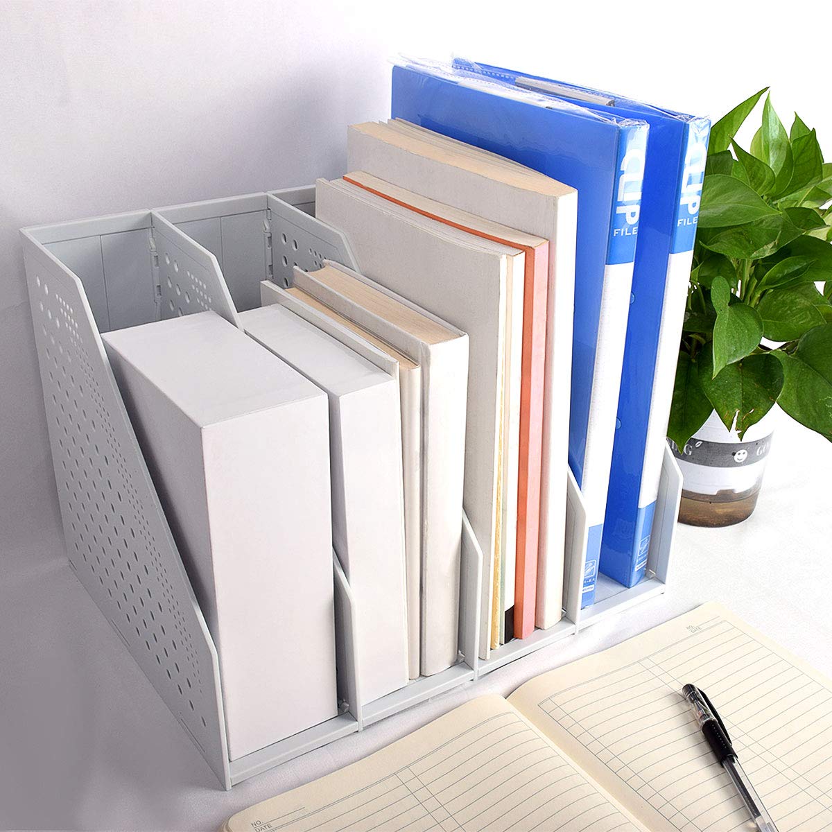 SAYEEC Desktop File Magazine Folder Holder 4 Section Plastic Hollow Documents Foldable Organizer File Cabinet Shelf Frames Dividers Rack Display and Storage (White)