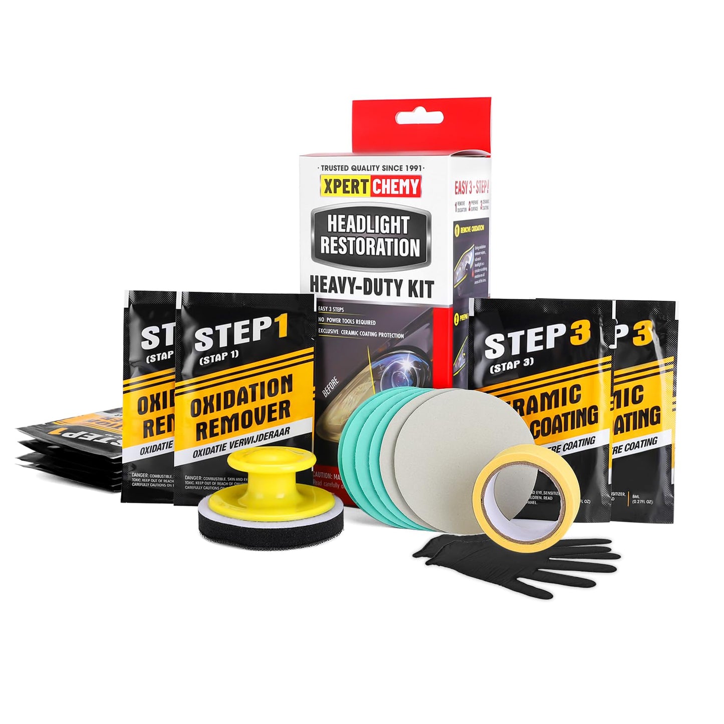 XPERTCHEMY Headlight Restoration Kit-Headlight Cleaner Removing The Heavy-Duty Yellowing, Clouding and Stains, Even Buffs Out Unsightly Hairline Scratches,No Power Tools Needed