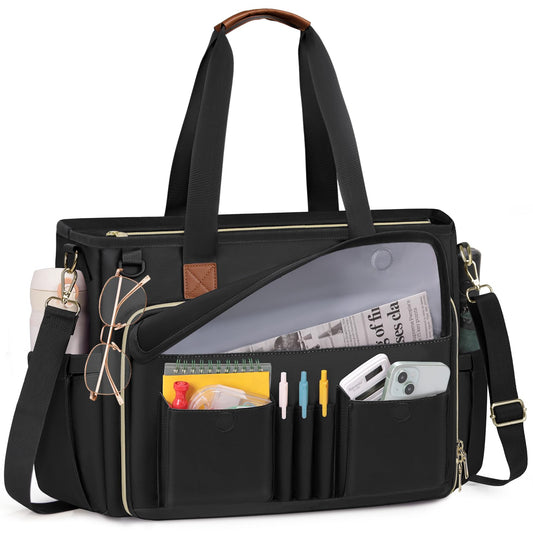 RAINSMORE Teacher Tote Bag 15.6 inch Laptop Bag for Women Large Work Teacher Bag Nurse Bag Professional Computer Messenger Bag Canvas Tote Bags Briefcase Handbag for Nursing, College, Office, Black