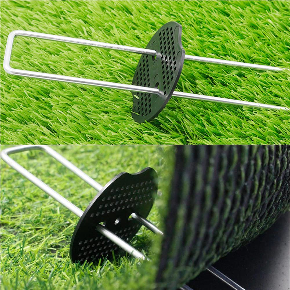 100PCS Galvanized Steel Garden Stakes with 100PCS Gasket, Heavy Duty Landscape Pegs of Anti Rust U Shaped for Securing Artificial Grass Weed Ground Cover, Fabric Matting