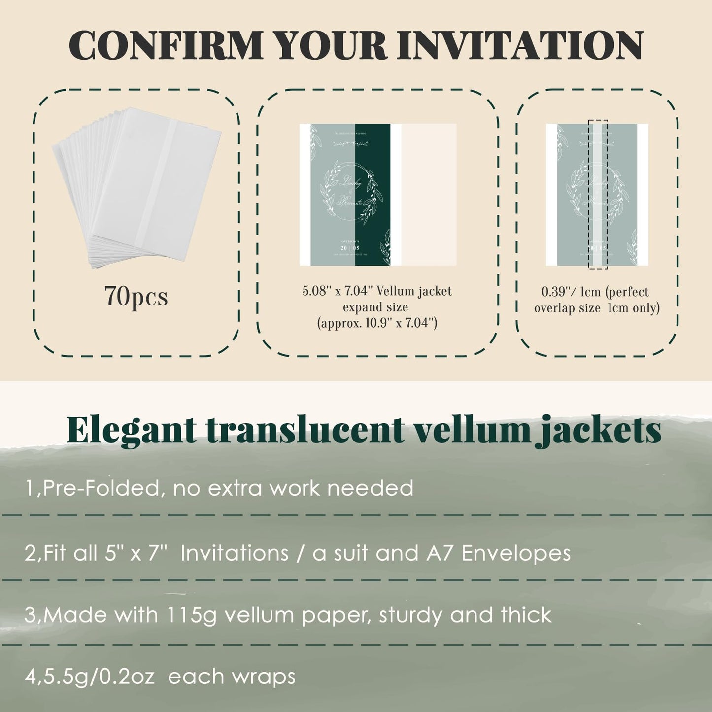 UNIQOOO 70 Pack Frosted Vellum Jackets for 5x7 Invitations, Luxury Pre-Folded Vellum Paper, 115GSM Wedding Envelopes