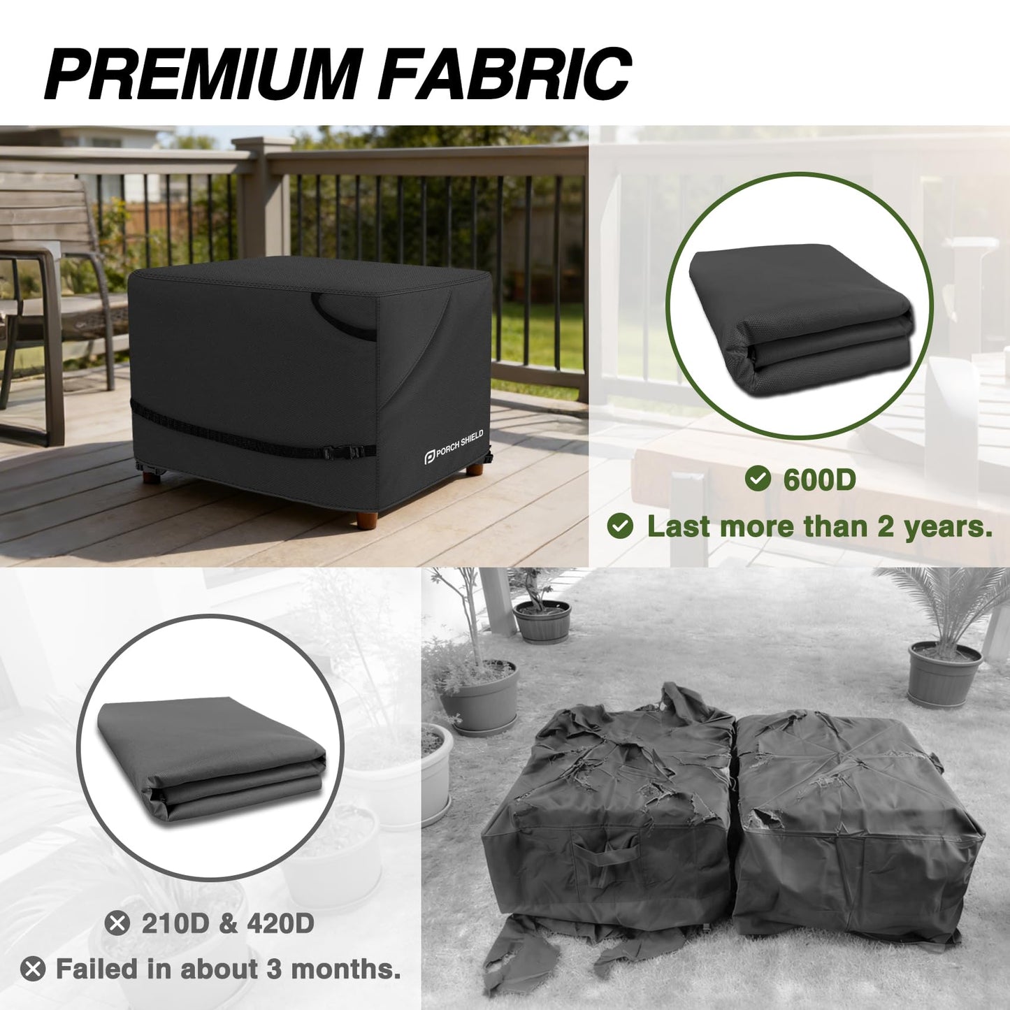Porch Shield Patio Ottoman Cover - Waterproof Outdoor Rectangular Side Table Covers – 28L x 24W x 18H inch, Black