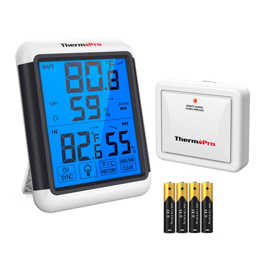ThermoPro TP65B Digital Hygrometer Indoor Outdoor Thermometer Wireless Temperature and Humidity Monitor with Jumbo Touchscreen and Backlight Humidity Gauge, 500ft/150m Range