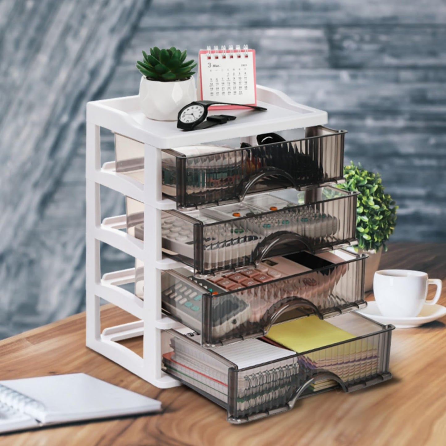 WRINGKIT 4 Drawer Desktop Storage Unit, Small Plastic Drawer Storage, White Frame Desktop Organizer with Drawers, Storage Container Case for Office Supplies, Bathroom, Study