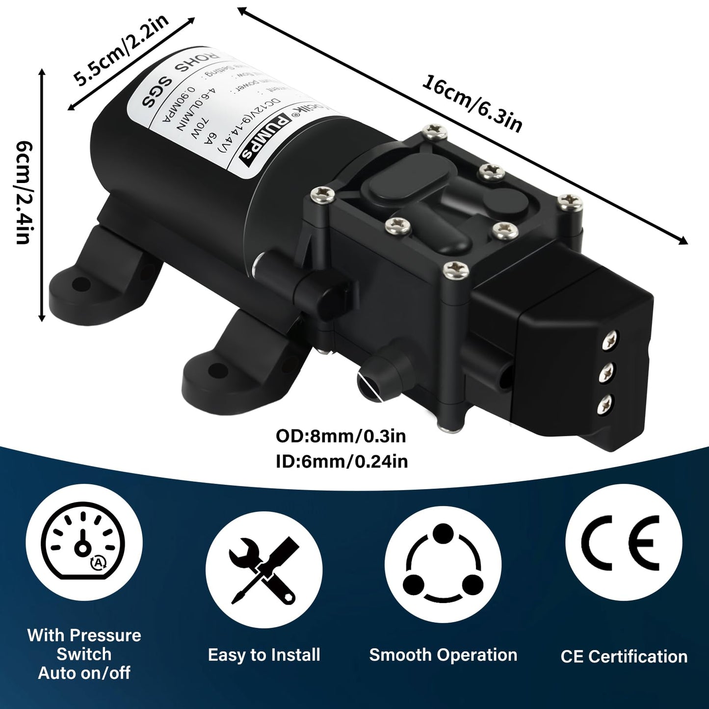 VeYocilk DC 12V Water Pump,1GPM 4L/Min Diaphragm Pump Build in Pressure Switch with 2 Hose Clamps for Pumping Water