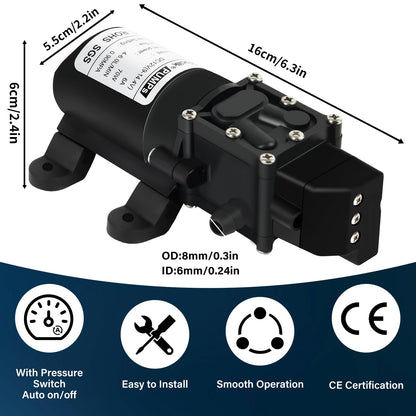 VeYocilk DC 12V Water Pump,1GPM 4L/Min Diaphragm Pump Build in Pressure Switch with 2 Hose Clamps for Pumping Water