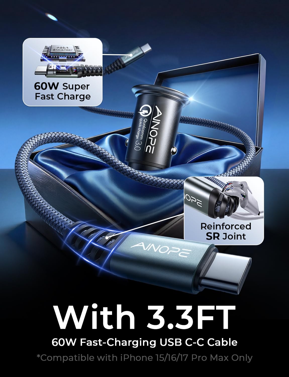 AINOPE 67.5W Mini Car Charger USB C Fast Car Charger (with 60W USB C Cable) for iPhone 17 Car Charger, All Metal Cigarette Lighter Adapter, Car Accessories Adapter for iPhone 17 16 Samsung Android