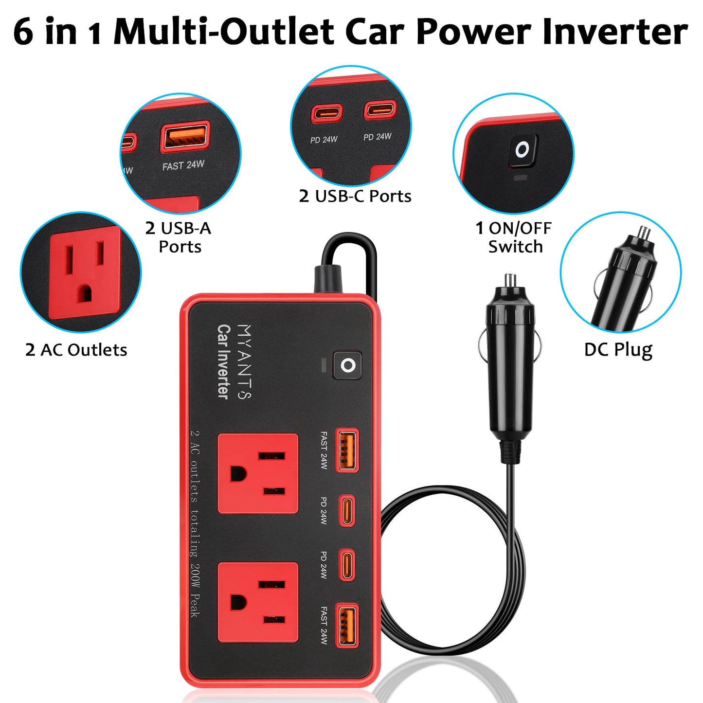 200W Car Power Inverter, DC 12V to 110V AC Car Plug Adapter Outlet with 4 USB Fast Charging Port, Car Charger Cigarette Lighter Adapter for Laptop，Road Trip