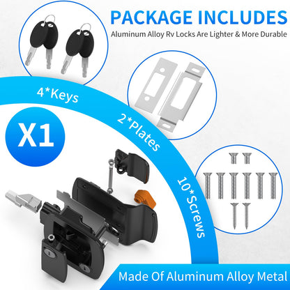 RV Door Lock Replacement, Upgraded Lighter RV Door Latch with Paddle Deadbolt & 4 Keys, 100% Metal Camper Door Locks, Aluminum Alloy RV Entry Door Lock for Travel Trailers Cargo Hauler, Black
