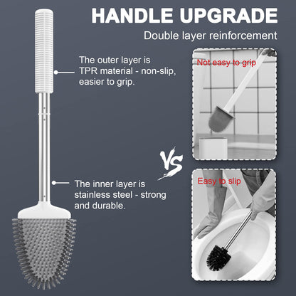 ASOBEAGE Toilet Brush,Deep Cleaner Silicone Toilet Brushes with No-Slip Long Plastic Handle and Flexible Bristles, Silicone Toilet Brush with Quick Drying Holder Set for Toilet (White-New,2 Pack