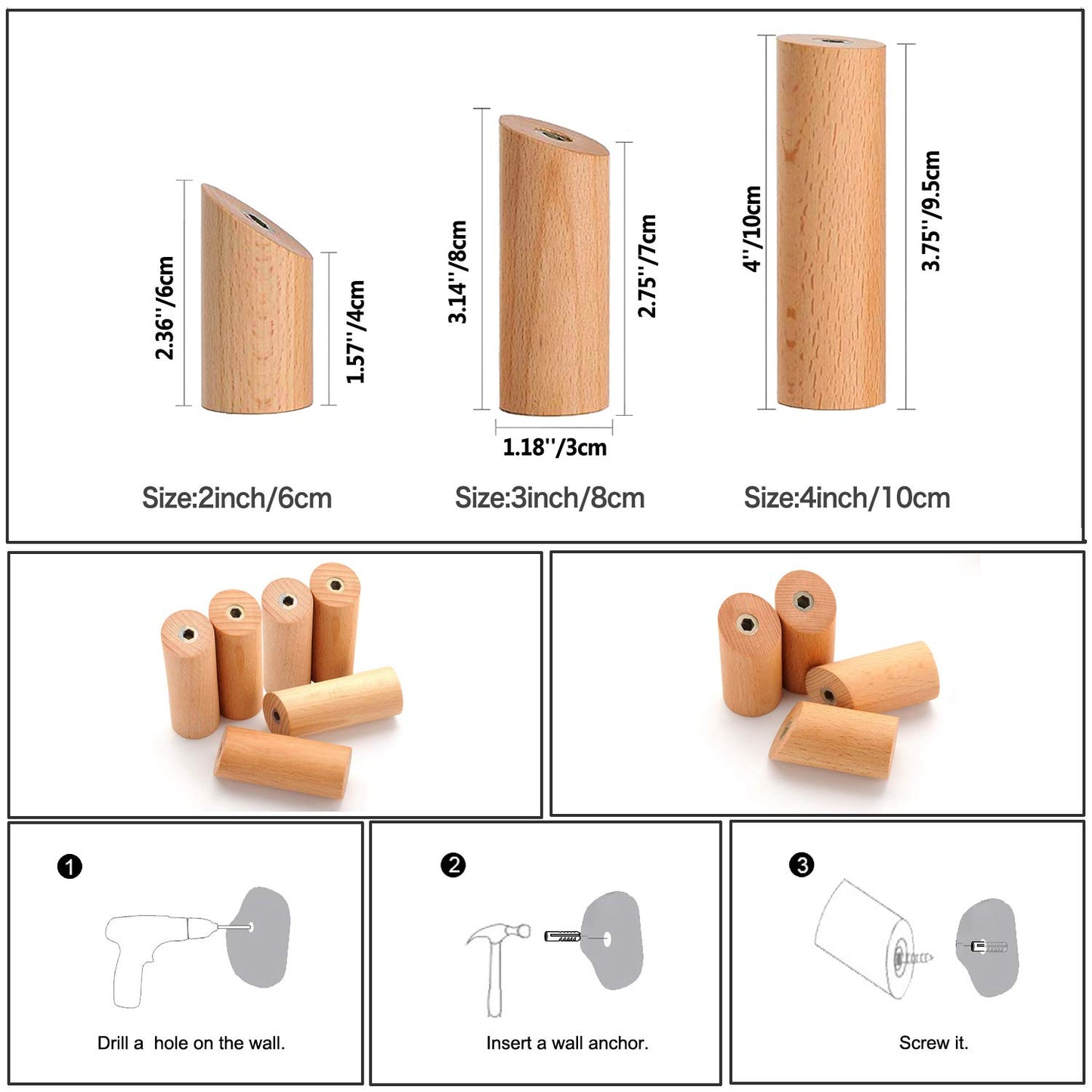HomeDo 6Pack Wall Hooks Rack, Wooden Coat Hooks Wall Mounted, Entryway Hat Rack, Decorative Hooks Single Organizer Wall Hanger Hat Hook Towel Rack, Heavy Duty Hooks (Beech-8cm, 6Pack)