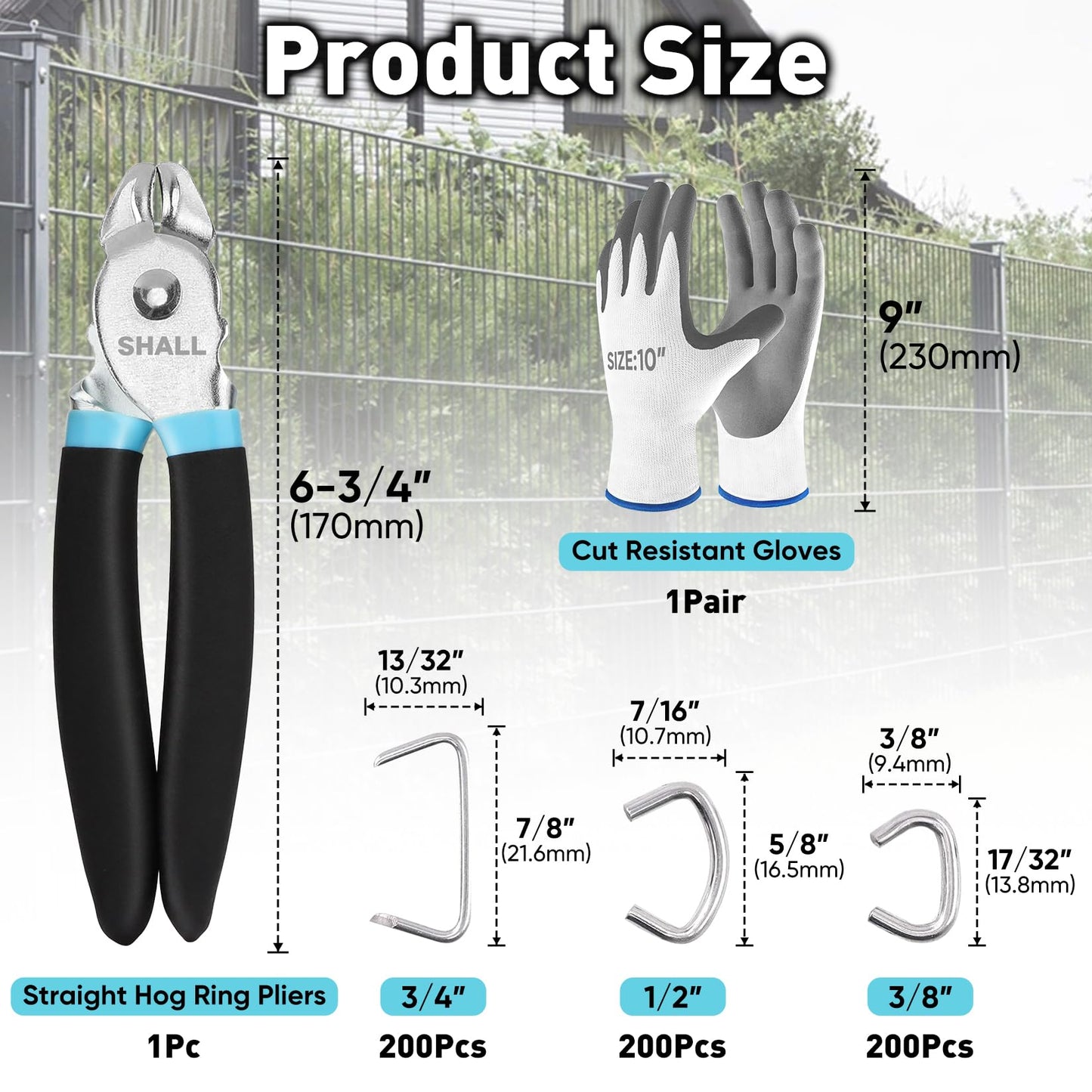 SHALL Hog Ring Pliers Kit with 600pcs Galvanized Hog Rings (3/8’’, 1/2’’, 3/4’’) for Upholstery, Fence, Animal Pet Cages, Bungee Cords, Bagging, Protective Gloves, Storage Case & Bag Included