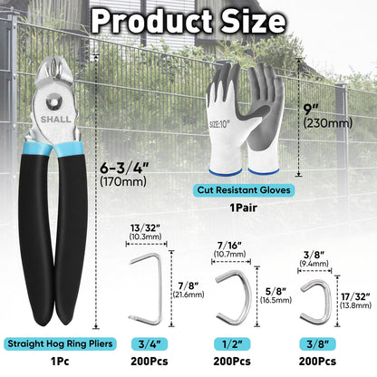 SHALL Hog Ring Pliers Kit with 600pcs Galvanized Hog Rings (3/8’’, 1/2’’, 3/4’’) for Upholstery, Fence, Animal Pet Cages, Bungee Cords, Bagging, Protective Gloves, Storage Case & Bag Included