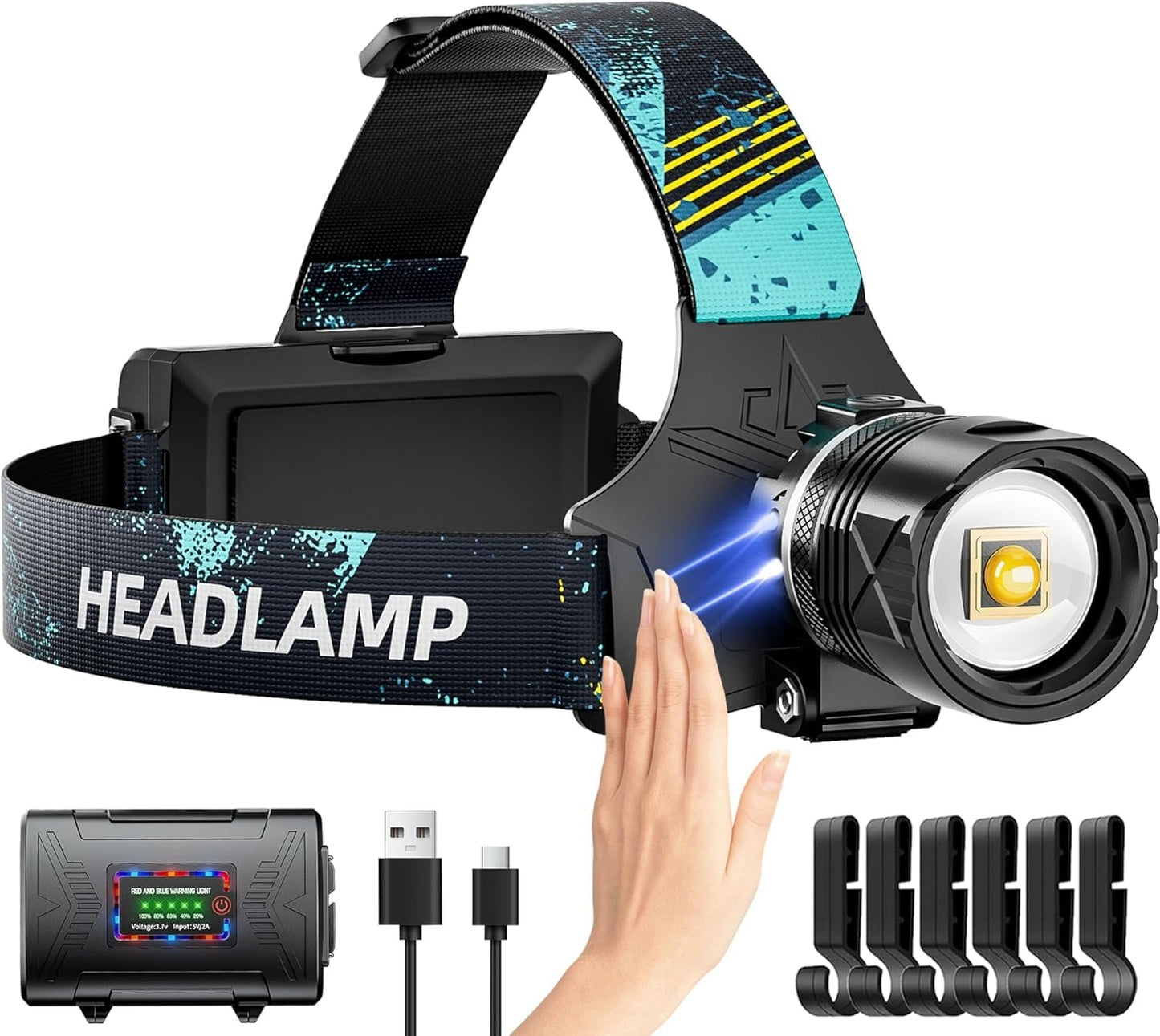 Rechargeable LED Headlamp 990000LM, Brightest Headlight with Motion Sensor, Zoomable, 9 Modes, IPX7 Waterproof, 125° Adjustable Powerful Hardhat Headlamps for Outdoor Camping, Cycling