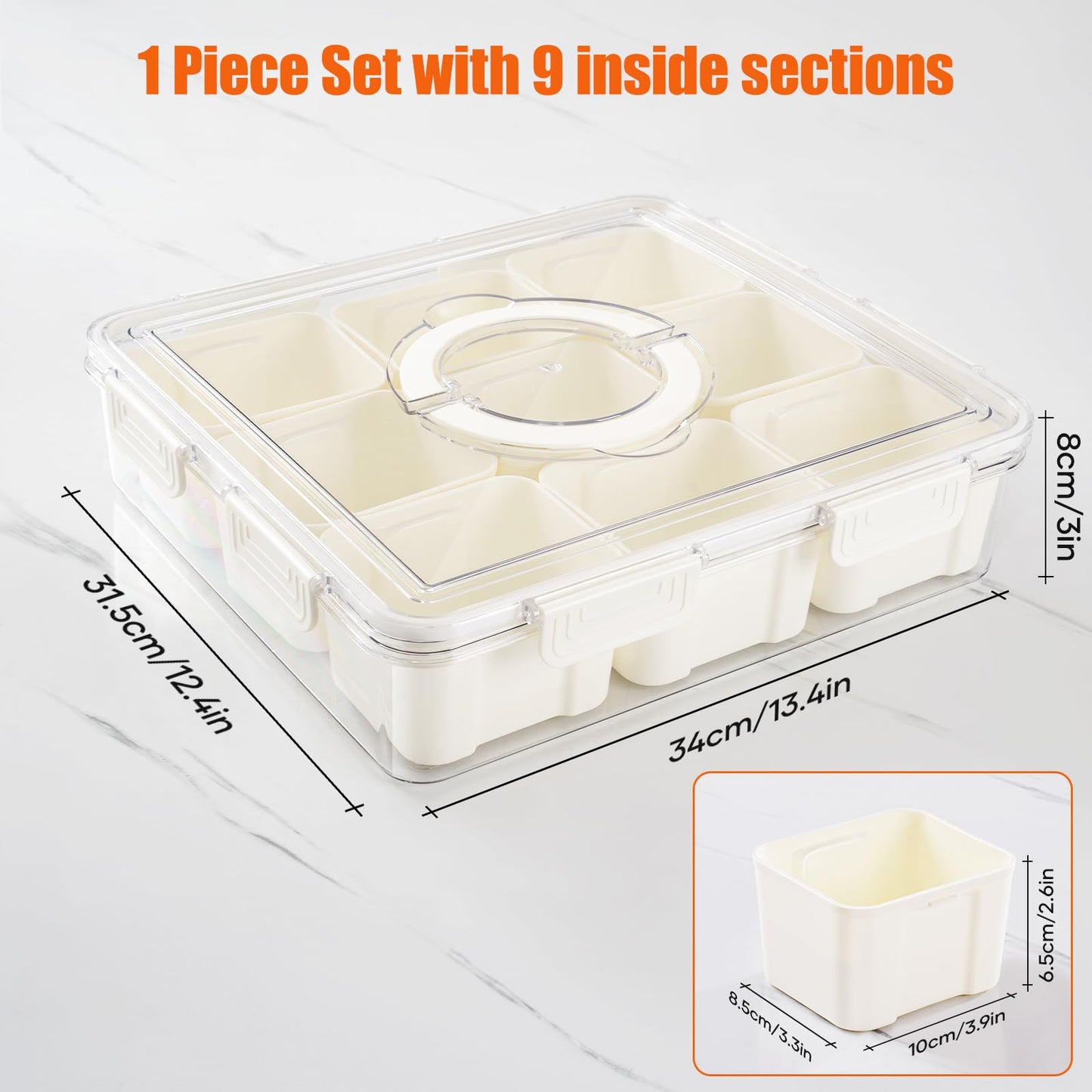 Divided Snackle Box - 9 Compartments Serving Tray with Lid & Handle - Clear Snack Container for Fruits, Candy & Nuts - Suitable for Travel, Parties & Daily Use (9 Inside Containers Dishwasher Safe)