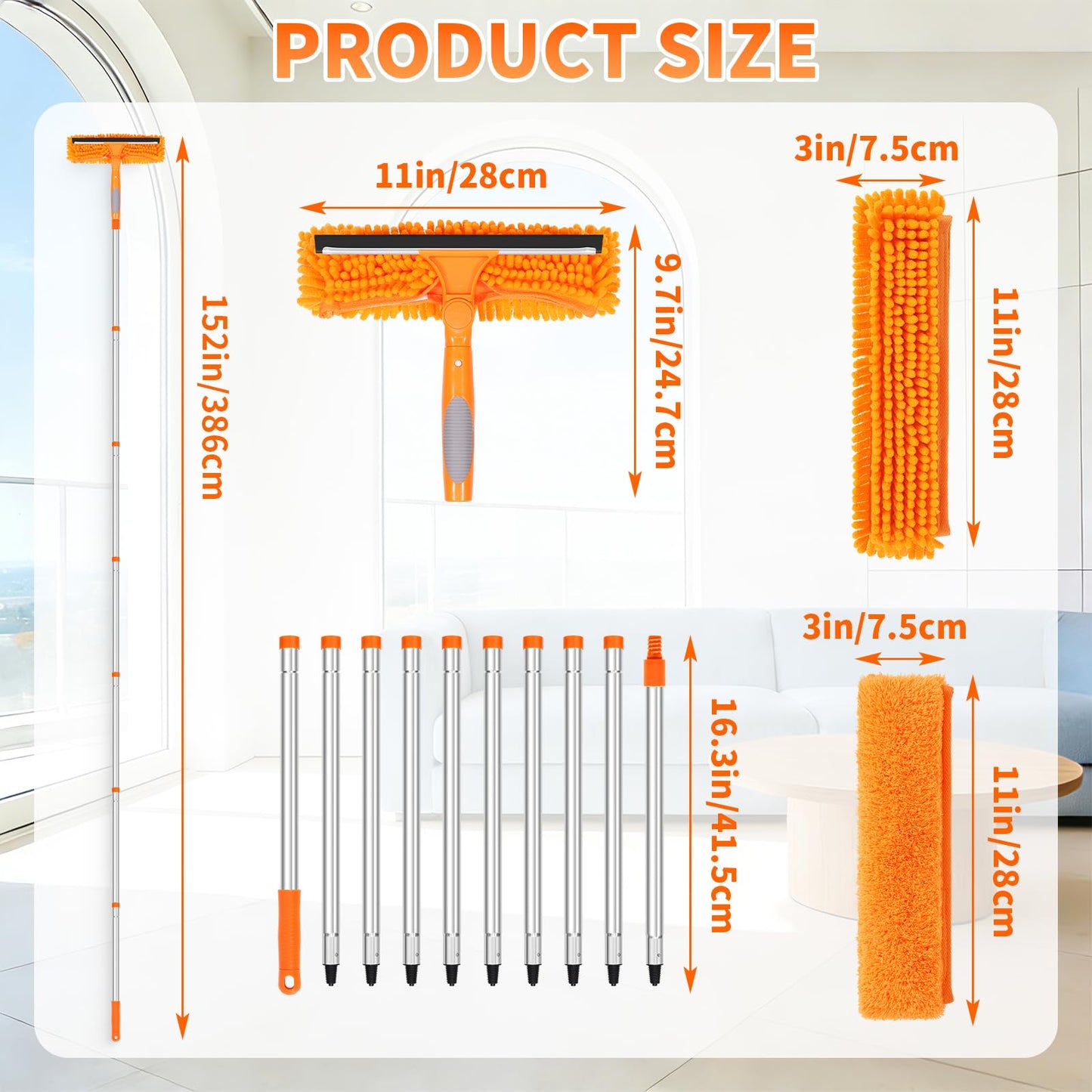 152’’/ 109" Window Cleaning Tool Kit, 2 in 1 Rotatable Window Cleaner Tool, Extendable Window Squeegee for Indoor Outdoor High Window, Car, Glass