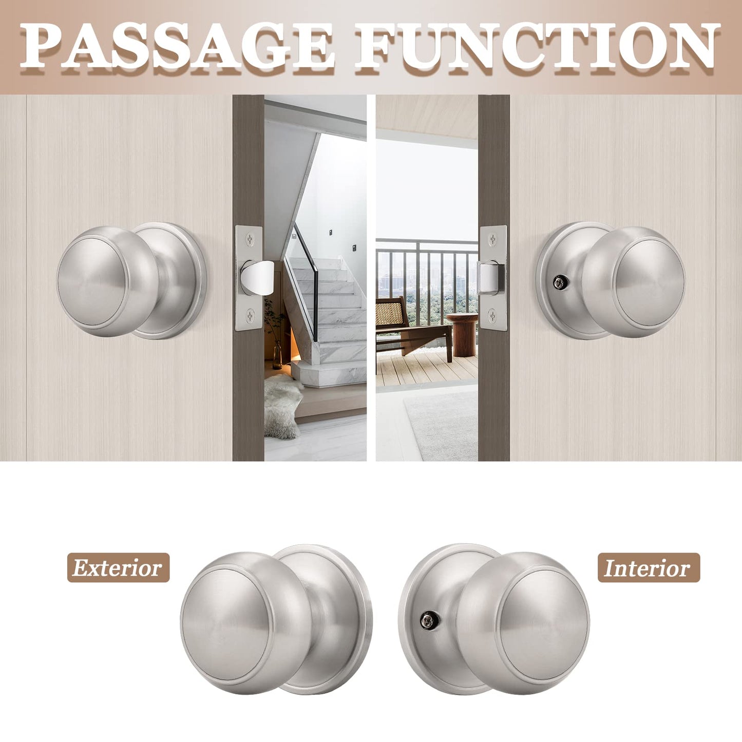 Probrico (2 Pack Round Passage Door Knob(Non-Locking Knobs), Keyless Doorknobs Interior/Exterior Door Knob,Passage Knobs for Hallway/Closet,Satin Nickel Finish Modern Design Door Hardware