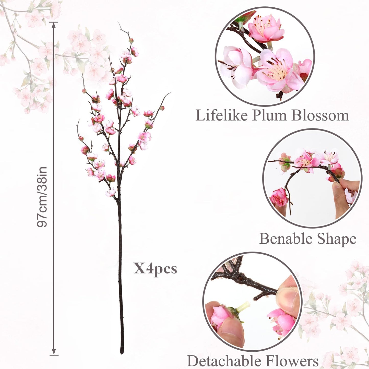 Betylifoy Artificial Plum Blossom Flowers 4PCS Faux Silk Cherry Blossom 38" Long Stems Fake Plum Blossom Branches Artificial Silk Flower for Flowers Arrangement Wedding Home Table Spring Decor (Pink)