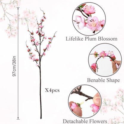 Betylifoy Artificial Plum Blossom Flowers 4PCS Faux Silk Cherry Blossom 38" Long Stems Fake Plum Blossom Branches Artificial Silk Flower for Flowers Arrangement Wedding Home Table Spring Decor (Pink)