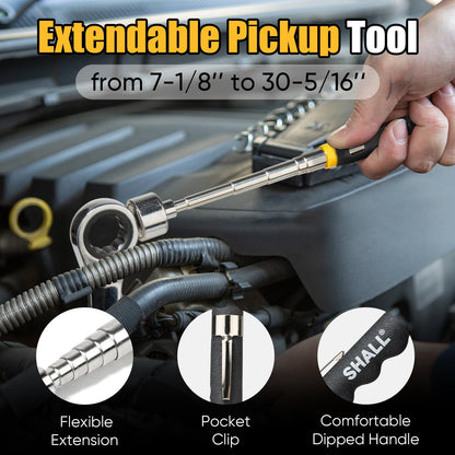 SHALL Collapsible Magnetic Tool Parts Tray and Telescoping Magnetic Pickup Tool Set, 3-Piece Silicone Foldable Magnetic Bowls & 25LBS Force Extendable Magnet for Mechanic Screw Bolts Nuts Washers Pins