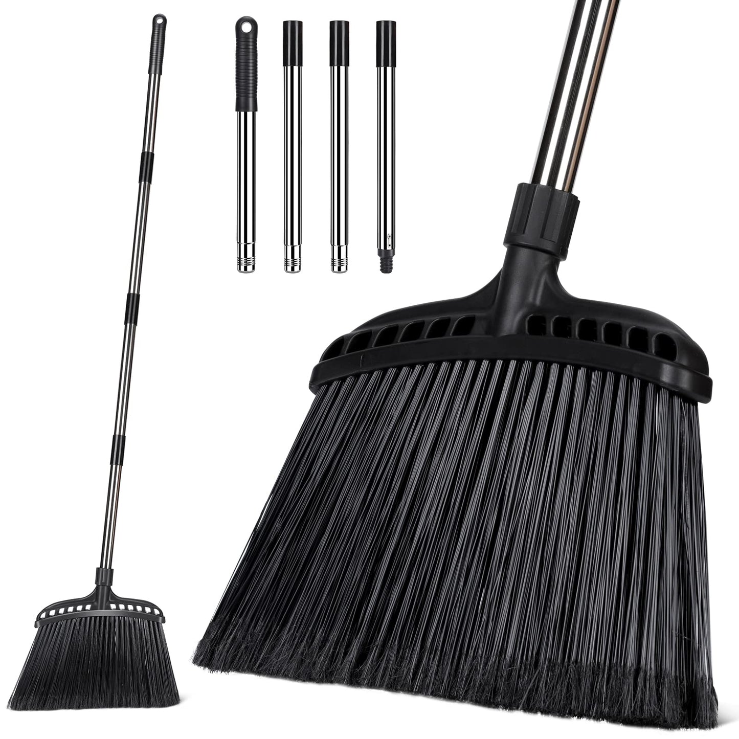 Almcmy Outdoor Broom, Commercial Heavy Duty Broom with Stainless Steel Handle, Angle Broom for Sweeping Indoor Lobby Home Garage Kitchen Office Courtyard Lawn Concrete - Black