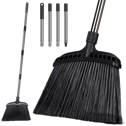 Almcmy Outdoor Broom, Commercial Heavy Duty Broom with Stainless Steel Handle, Angle Broom for Sweeping Indoor Lobby Home Garage Kitchen Office Courtyard Lawn Concrete - Black