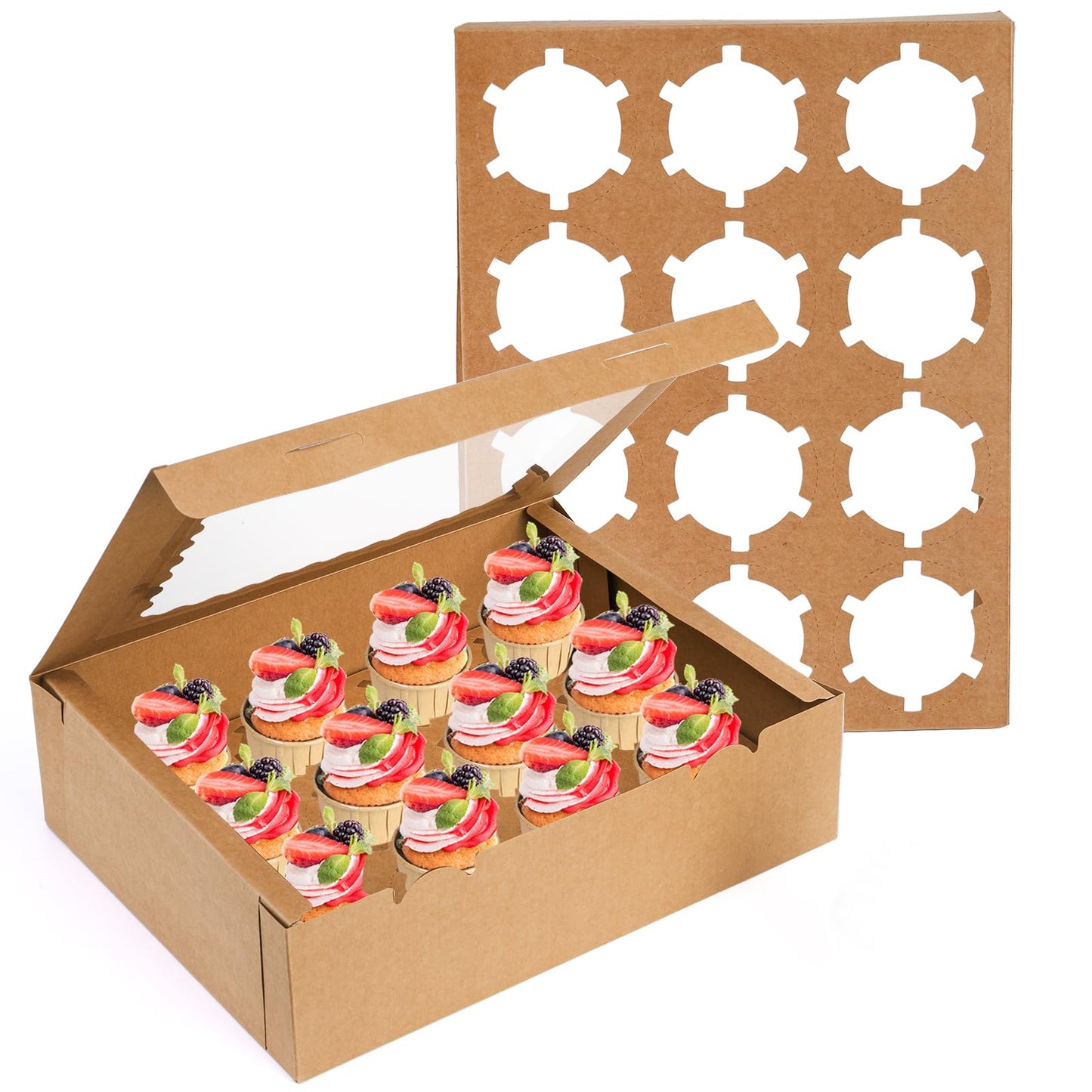 Jucoan 20 Pack Cupcake Boxes, 12 Counts Dozen Cupcake Containers with Window and Insert, Brown Bakery Pastry Treat Boxes for Muffins, Cookies, Donuts, Take Out Containers for Party