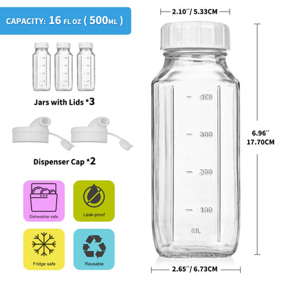 Syntic Glass Juice Bottles with Airtight Lids, 3 Pack Clear Glass Water Bottles with 2 Pour Spouts - 16 Oz Reusable Milk Jug w Scale Mark for Juicing Containers, Breast Milk Storage, Drinking Jar