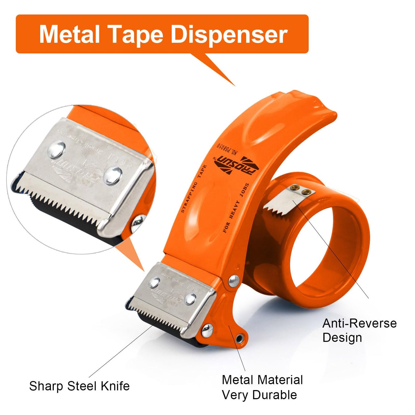 BOMEI Pack Metal Packing Tape Dispenser, 2inch Heavy Duty Handheld Heavy Tape Dispenser, 2Pcs, Orange