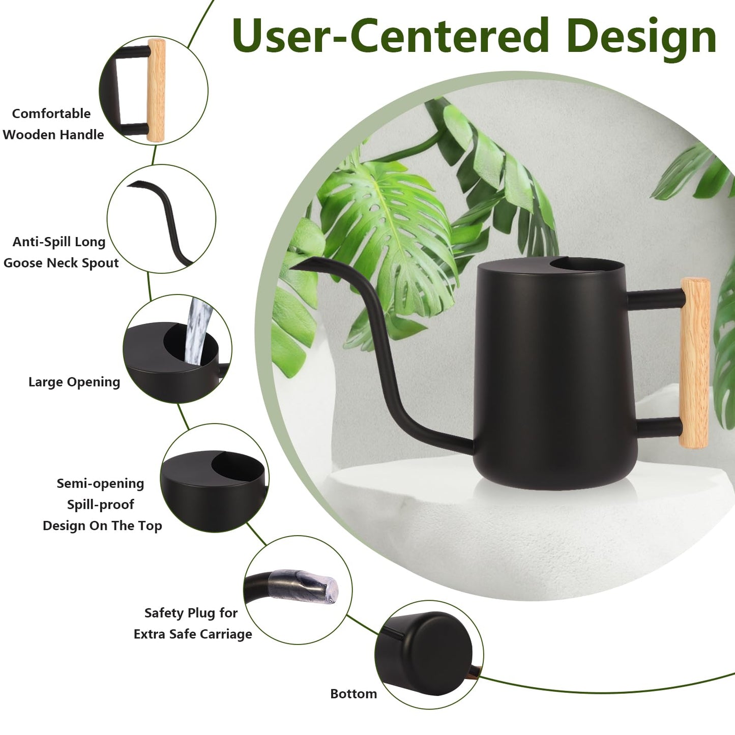Watering Can Indoor Plants, 35oz Small Watering Can Stainless Steel Metal Modern Decorative Watering Pot with Long Spout for Indoor House Plant Bonsai Garden Flowers - Black