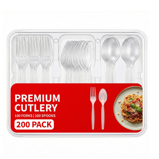 Xpresspak 200-Piece Clear Plastic Cutlery Set – 100 Forks, 100 Spoons | Heavy Duty Plastic Utensils for Parties, Catering & Everyday Use | BPA-Free & Elegant Design (200)