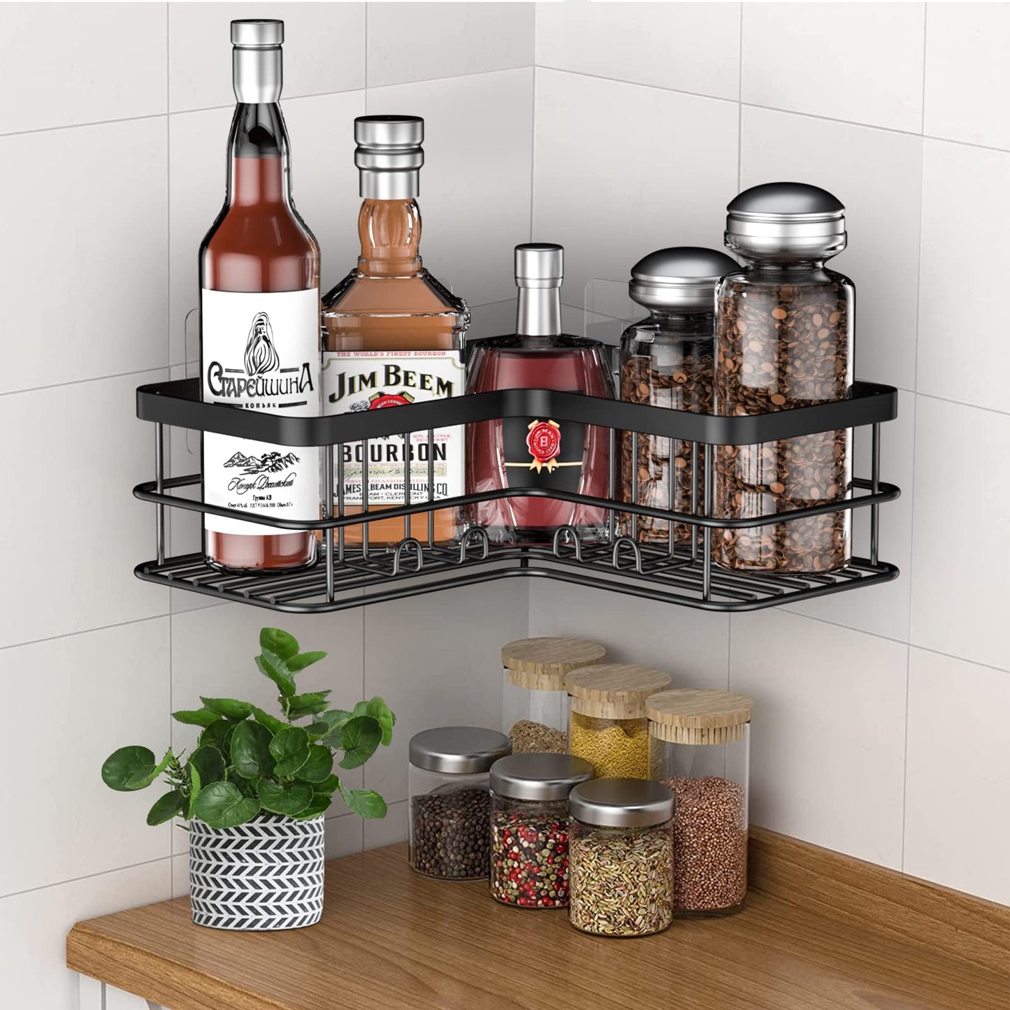 Yazoni Corner Shower Caddy, Adhesive Shower Shelves No Drilling [2-Pack], Rustproof Stainless Steel Bathroom Shower Organizer Wall Mounted with 8 Hooks (Black)