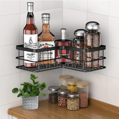Yazoni Corner Shower Caddy, Adhesive Shower Shelves No Drilling [2-Pack], Rustproof Stainless Steel Bathroom Shower Organizer Wall Mounted with 8 Hooks (Black)