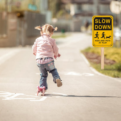Danoib 2-Pack Slow Down Signs, Kids and Pets at Play Sign 18"x12" Reflective Aluminum Sign, Easy to Assemble, Waterproof, Weather Resistant, Non-Fading