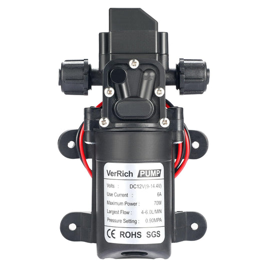 VerRich 12V Water Pump 70W 6A Diaphragm Pump Intelligent Self Priming Sprayer Pump 6 L/Min 0.9MPA 131 PSI for RV Camper Marine Boat Garden