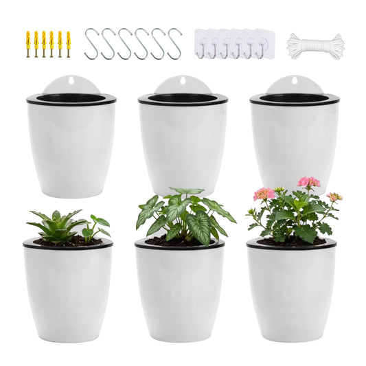 6 Pack Hanging Planter Pots Self Watering Vertical Garden Wall Mount Window Hang Round Plastic Container Indoor Outdoor for Plants Flowers Succulent Kitchen Living Herbs Holder Decor Decoration White