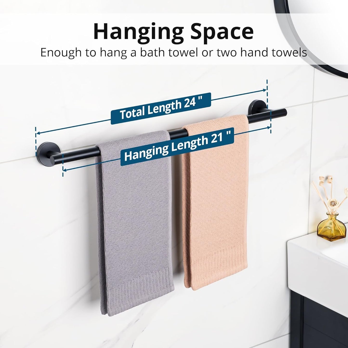 SAYAYO Bathroom Towel Rack Black Towel Bar 24 Inch Wall Mounted, SUS304 Stainless Steel Towel Holder for Kitchen (21 Inch Hanging Length)