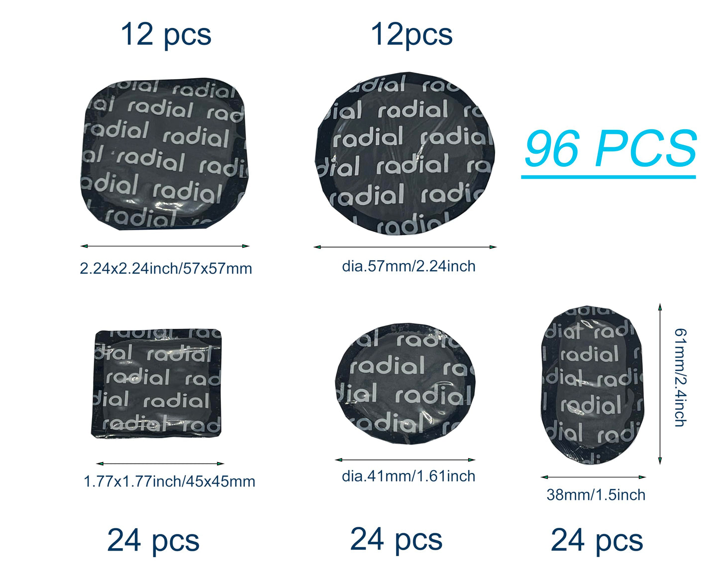 ZERINT TP-MRSV5 Radial Tire Patch Kit 96 pcs;Dia. 41 mm 24 pcs, Dia. 57 mm 12pcs, 45 x 45 mm 24 pcs, 57 x 57 mm 12pcs and 38 x 61 mm 24 pcs in a Box