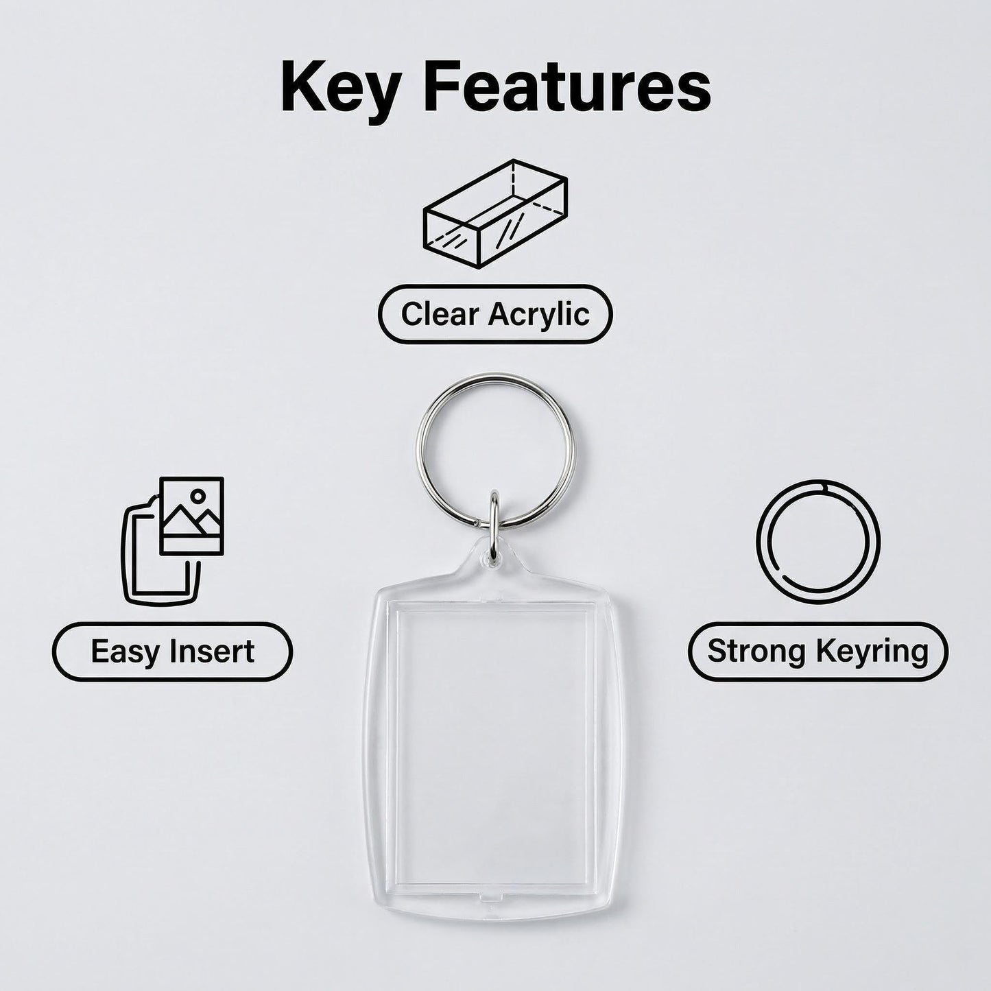 Clear Blank Acrylic Keyrings - Wallet Friendly Picture Frame Key Ring Keychaine For Passport and Photo Insert Pack of 50