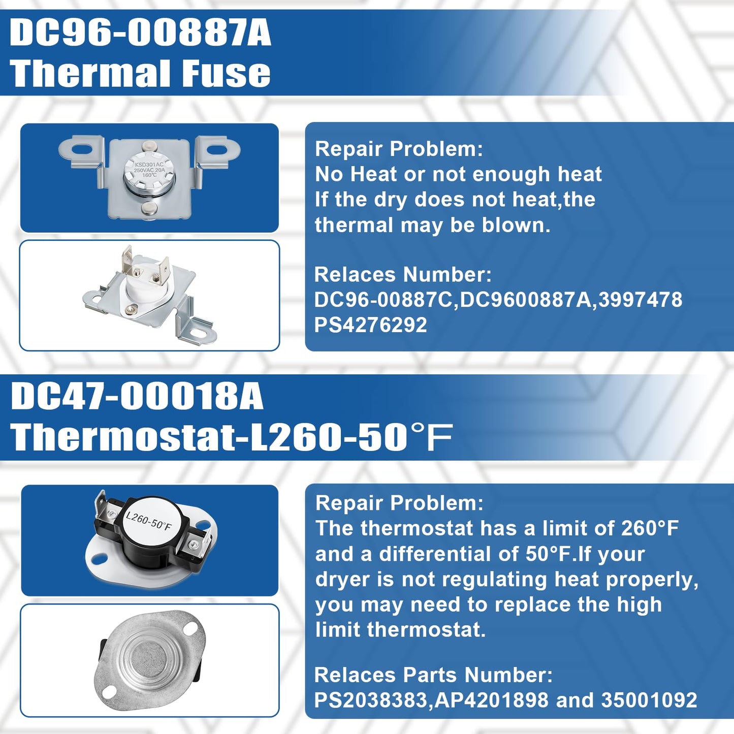 DC47-00019A & DC47-00018A & DC96-00887A Dryer Heating Element Thermostat Thermal Fuse Compatible with Sam-Sung, Ken-More, May-tag, Kitchen-aid and Roper Models Dryer by Wadoy