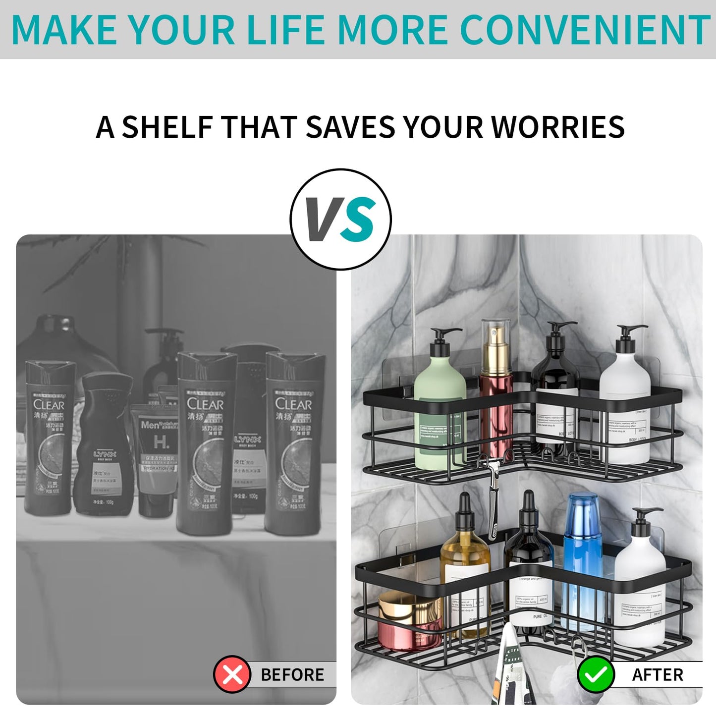 Yazoni Corner Shower Caddy, Adhesive Shower Shelves No Drilling [2-Pack], Rustproof Stainless Steel Bathroom Shower Organizer Wall Mounted with 8 Hooks (Black)