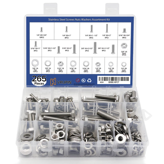 265PCS Bolts and Nuts 1/4"-20, 5/16"-18, 3/8"-16 Carbon Steel Hex Bolts and Nuts Set Hardware Screws Assortment Kit (3 Types, 4 Different Sizes-3/4”, 1”, 1-1/2”, 2”)