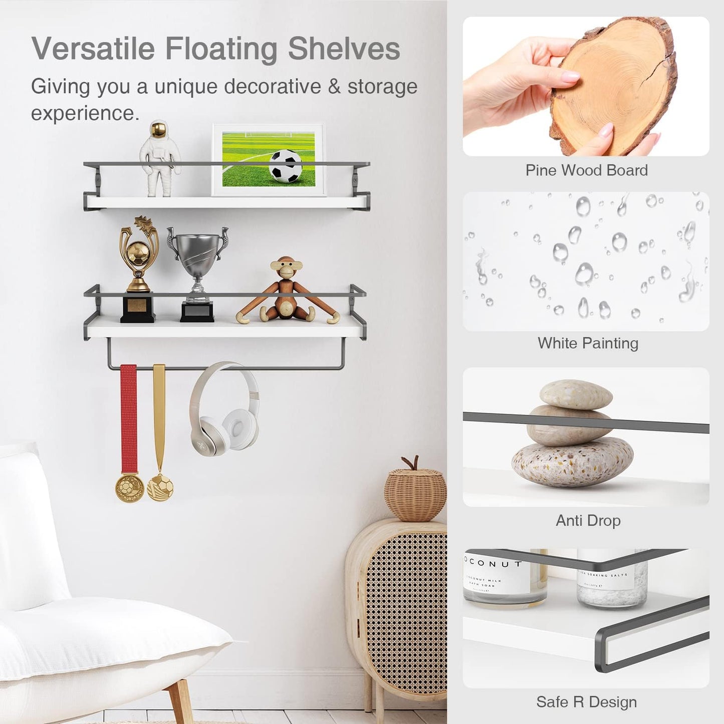 DNACHEW White Floating Shelves for Bathroom Organizer Over Toilet, Bathroom Shelves Wall Mounted with Towel Rack, Corner Wall Shelf for Bedroom Decor Kitchen Storage (White-Dark Grey, Set of 2)