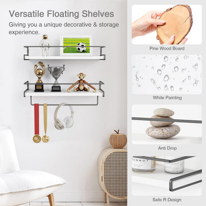 DNACHEW White Floating Shelves for Bathroom Organizer Over Toilet, Bathroom Shelves Wall Mounted with Towel Rack, Corner Wall Shelf for Bedroom Decor Kitchen Storage (White-Dark Grey, Set of 2)