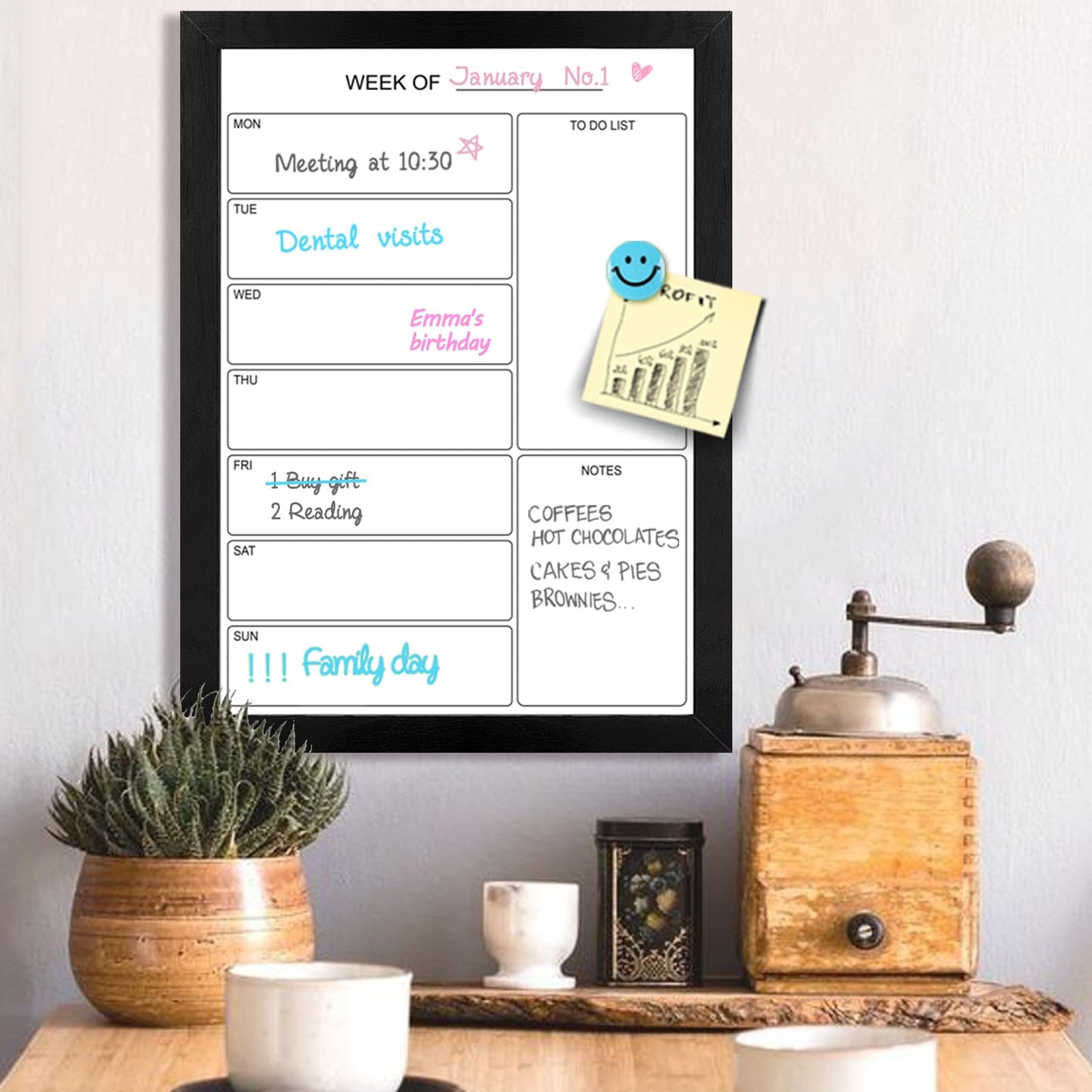 Aitakatta Weekly Dry Erase Whiteboard Calendar, 15.7"x11.8" Magnetic Surface Memo Board, Minimal Design Weekly Planner for Wall, Black Wood Frame Dry Erase Board for Office School Home(ZLBB-S-BK-3040)