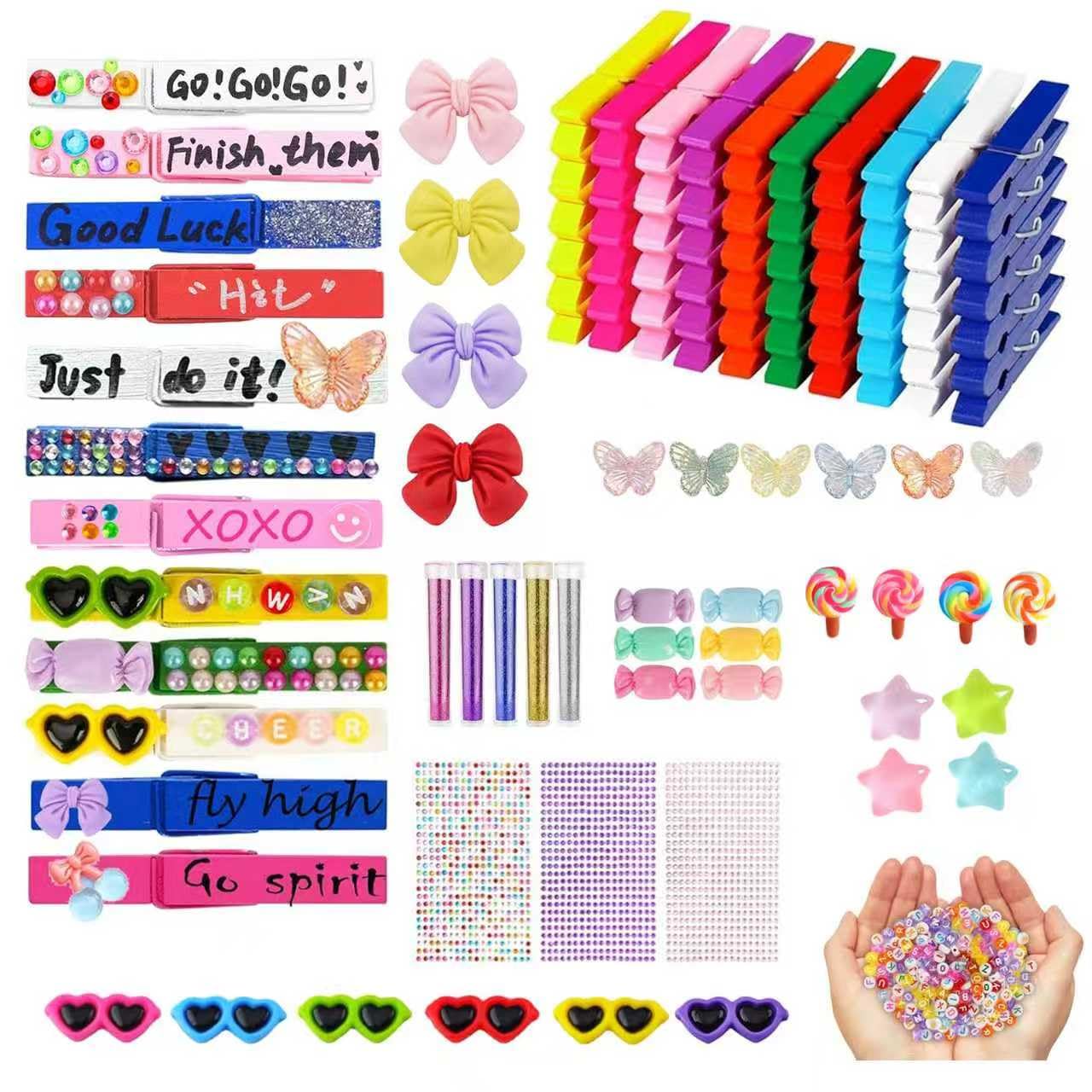 50 Set Cheer Pins Spirit Clips, Wooden Clothespins DIY Cheerleader Clips with Mini Resin Charms and Letter Beads for Backpacks & Classroom Crafts, Cheer Gifts Bulk for Team Girl