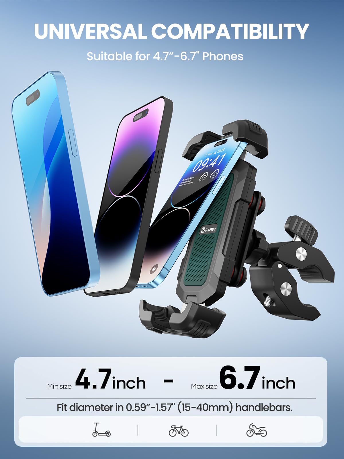 Tounee Bike Phone Mount Holder with Dual Vibration Dampener - Quick Release Handlebar Clip for Bicycle/Cycling, Upgraded Anti-Shock Design Fits iPhone 16/15/14 Pro Max & 4.7-6.7" Phones (Green)