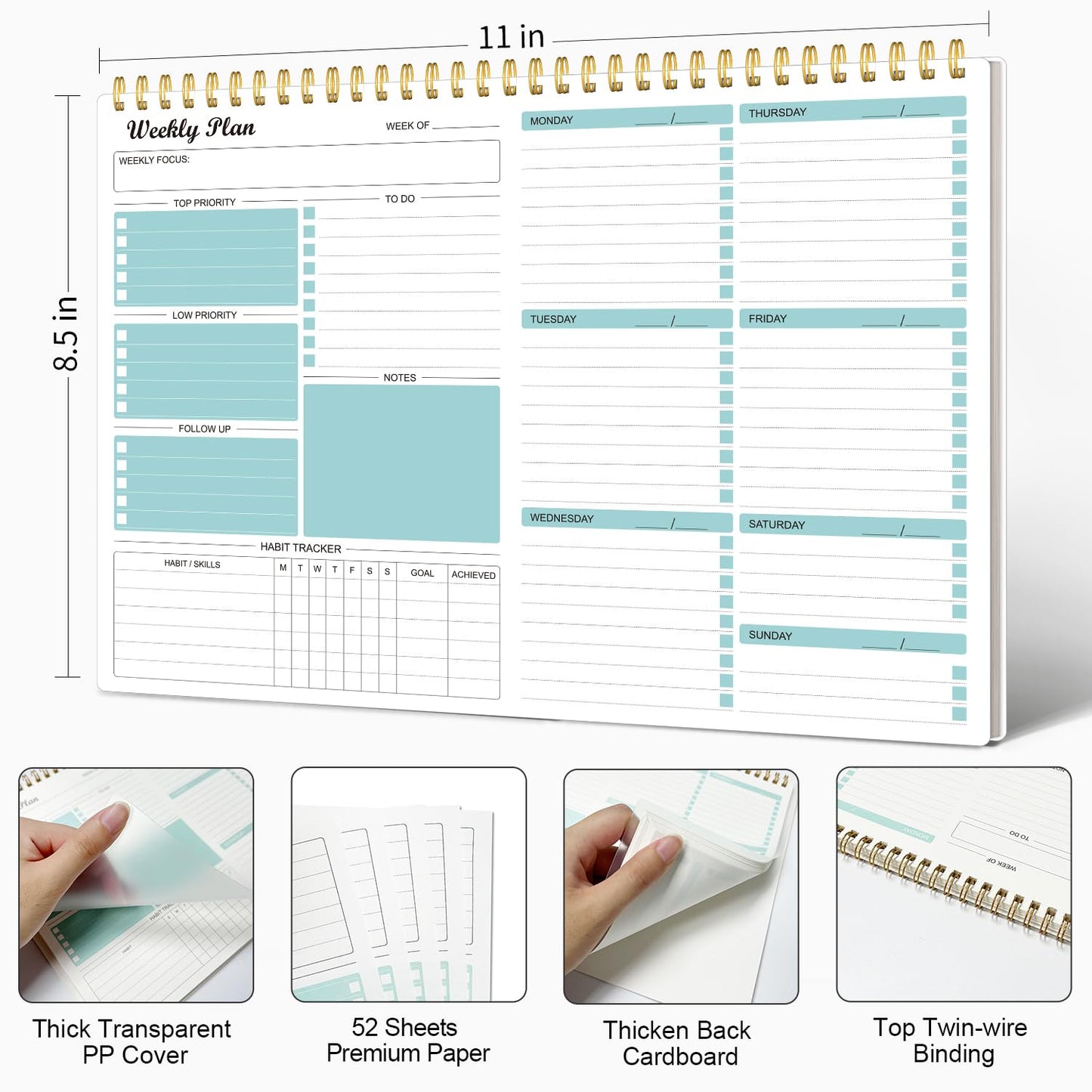 Weekly Planner Notepad Undated Weekly Goals Schedule Planner To Do List Notebook Planning Pad Calendars Organizers Habit Tracker Journal for Men & Women,52 sheets (8.5x12")